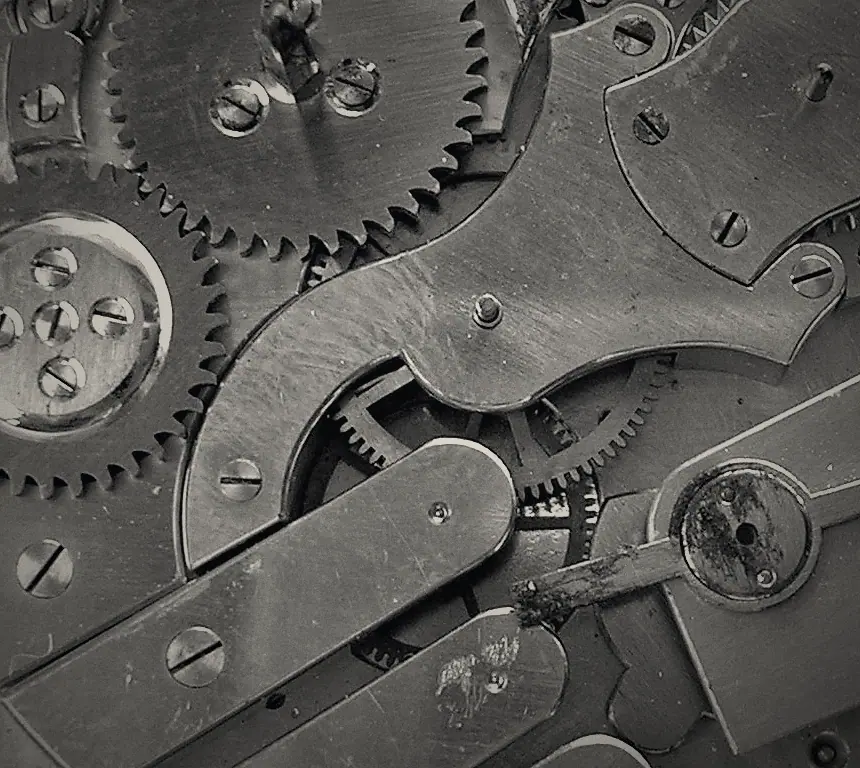 Close detail of the going train of a mechanical calibre.