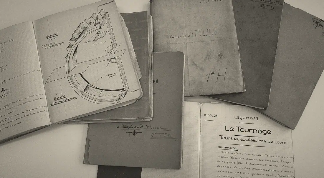 Hand-written and hand-drawn watchmaking school notebooks.